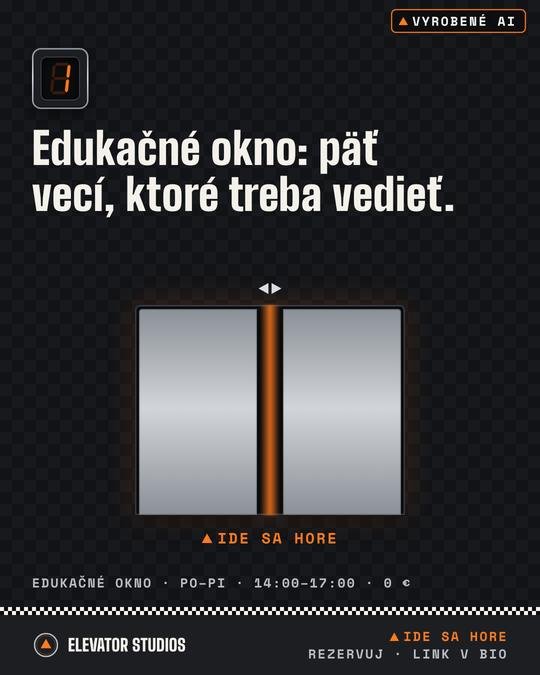Edukačné okno v piatich slajdoch · 1/5. Vizuál Elevator Studios, vyrobené AI.