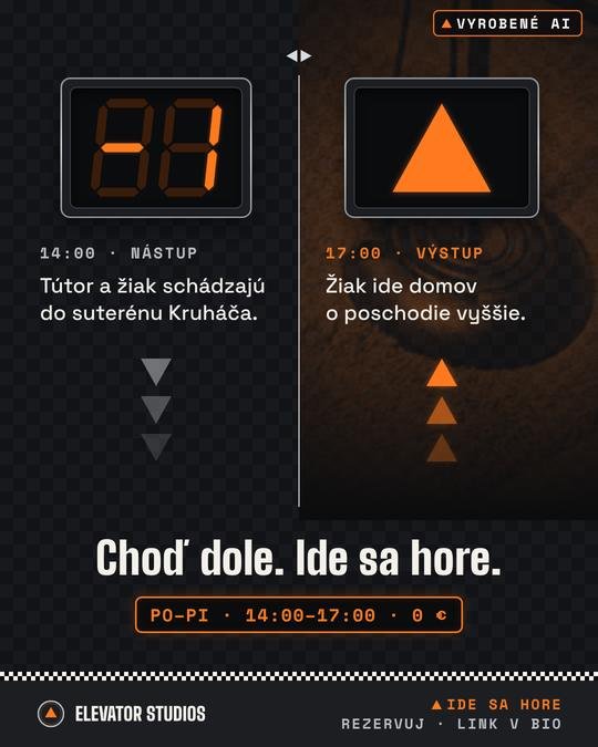 Choď dole. Ide sa hore. Vizuál Elevator Studios, vyrobené AI.