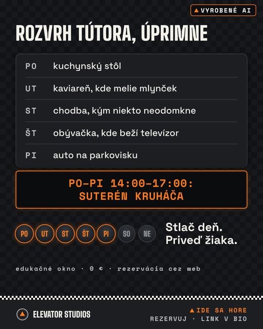 Rozvrh tútora, úprimne. Vizuál Elevator Studios, vyrobené AI.