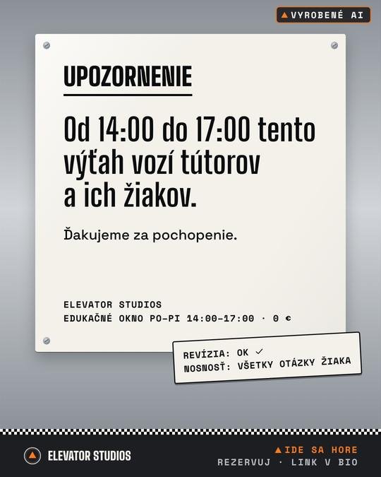Úradný oznam: výťah vozí tútorov. Vizuál Elevator Studios, vyrobené AI.