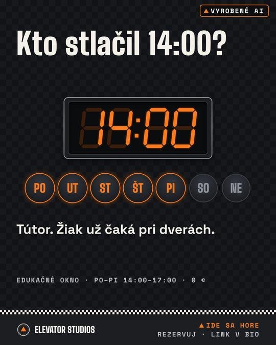 Kto stlačil 14:00? Vizuál Elevator Studios, vyrobené AI.