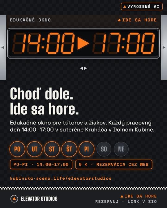 Dvere sa otvárajú o 14:00. Vizuál Elevator Studios, vyrobené AI.