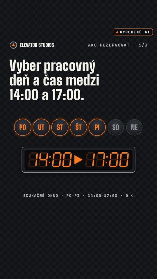 Ako rezervovať edukáciu · 1/3. Vizuál Elevator Studios, vyrobené AI.