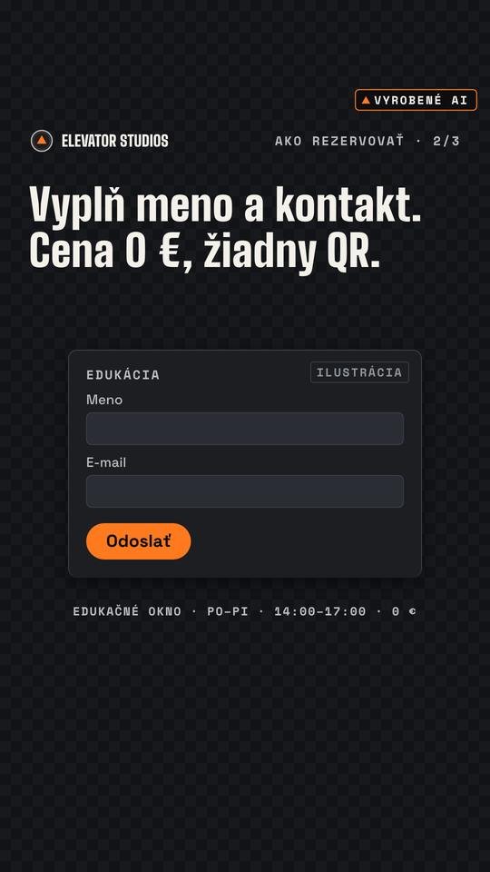 Ako rezervovať edukáciu · 2/3. Vizuál Elevator Studios, vyrobené AI.