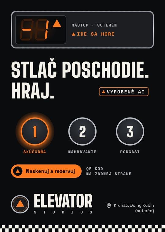 Leták A6 · predná strana. Vizuál Elevator Studios, vyrobené AI.