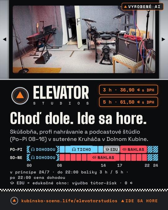 Choď dole. Ide sa hore. (skúšobňa). Vizuál Elevator Studios, vyrobené AI.
