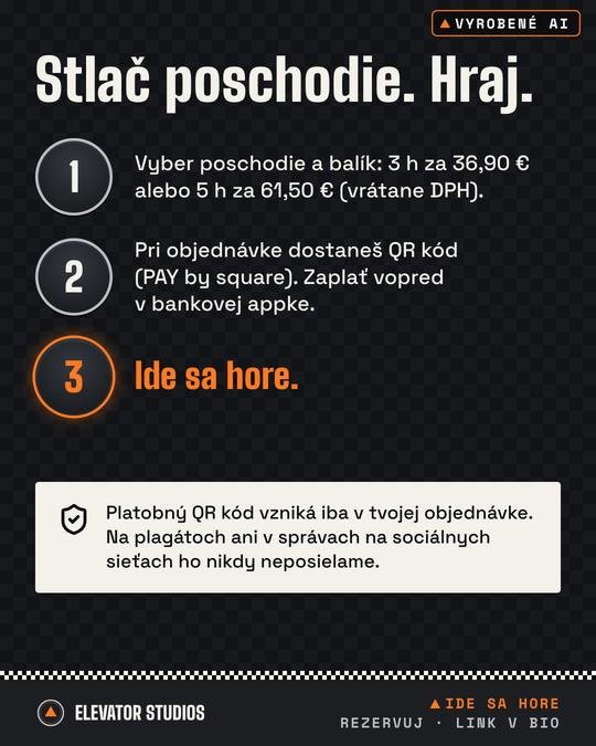Stlač poschodie. Hraj. (ako sa platí). Vizuál Elevator Studios, vyrobené AI.