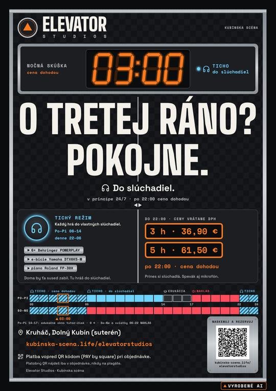 Plagát A3: O tretej ráno? Pokojne. Vizuál Elevator Studios, vyrobené AI.