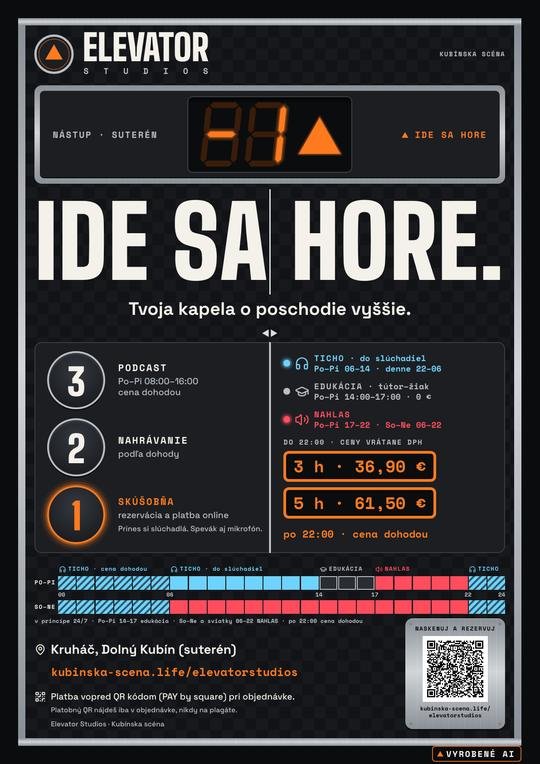 Plagát A3: Ide sa hore. Vizuál Elevator Studios, vyrobené AI.