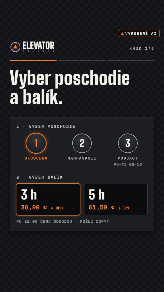 Od QR po prvý úder · 1/3. Vizuál Elevator Studios, vyrobené AI.