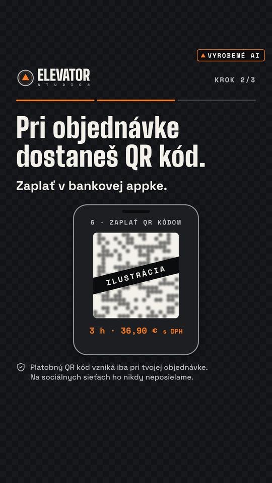 Od QR po prvý úder · 2/3. Vizuál Elevator Studios, vyrobené AI.
